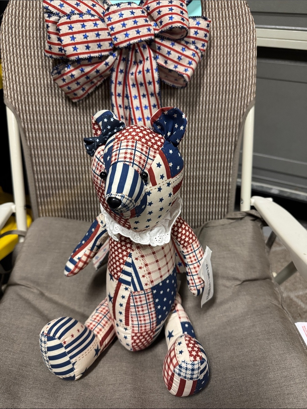 Patriotic Patchwork Plush Bear by STARS & STRIPES and decor Bow Set, NWT